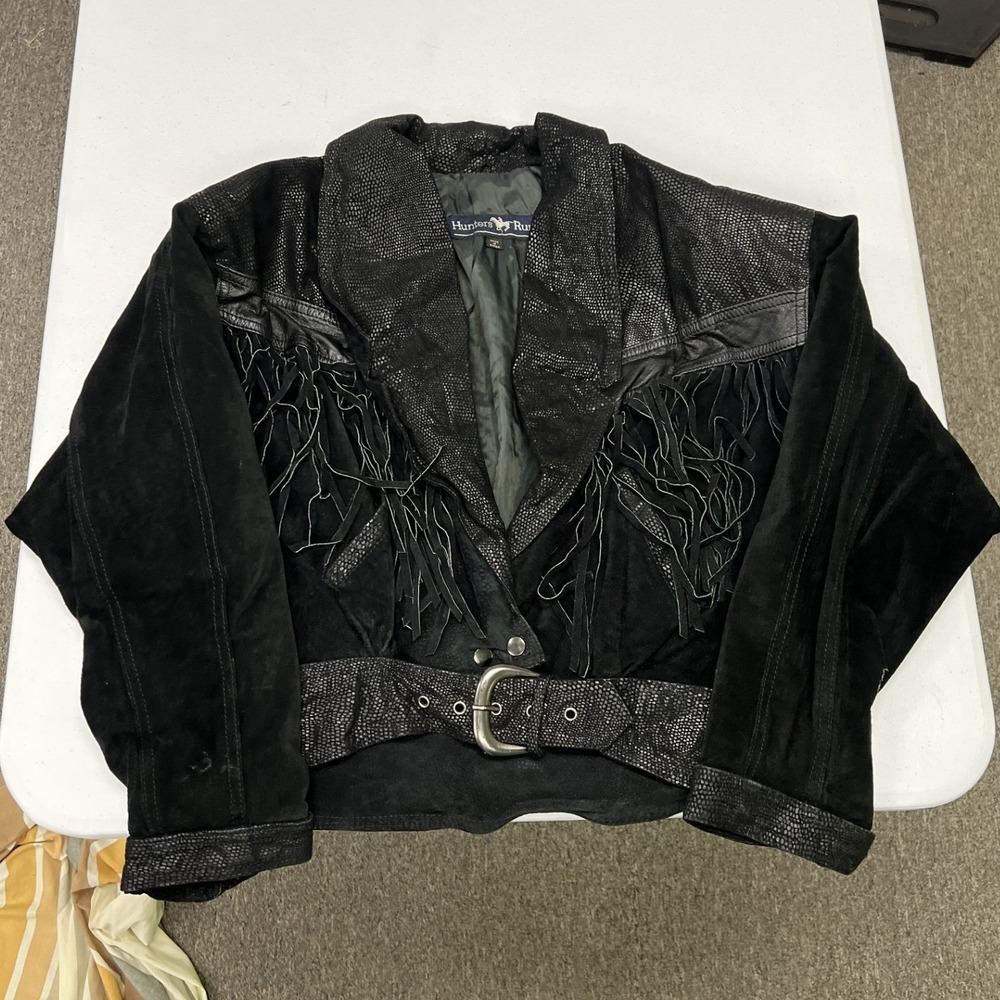 Hunters Run Fringe Jacket Womens S Black Suede Snakeskin Embossed Belted 80s